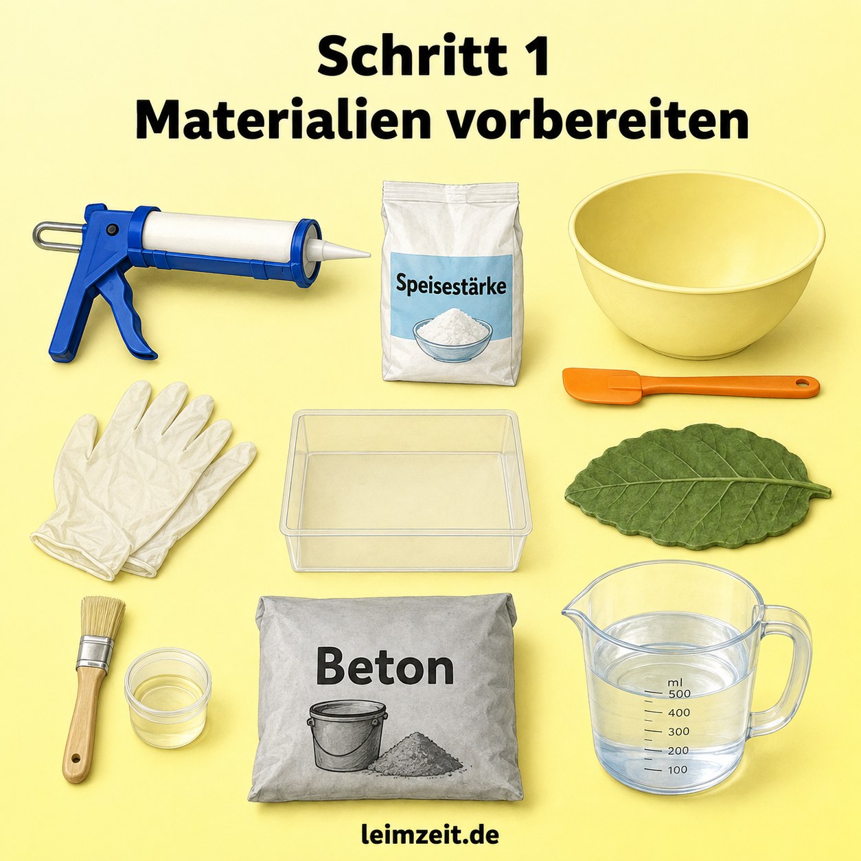 Materialien zum Silikonformen selber machen für Beton liegen bereit: Kartusche, Speisestärke, Blatt und Box