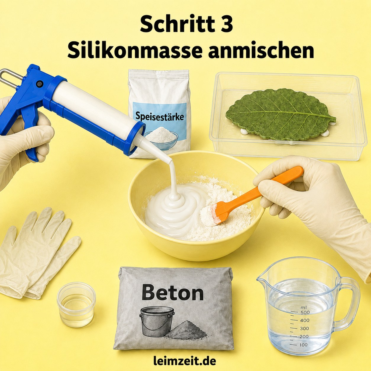 Silikon aus der Kartusche wird mit Speisestärke zu einer formbaren Masse für die Silikonform verrührt