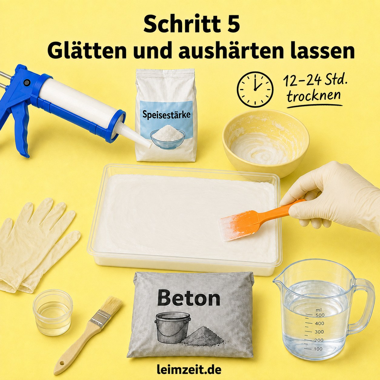 Die frisch geformte Silikonform für Beton wird glattgestrichen und muss 12 bis 24 Stunden aushärten