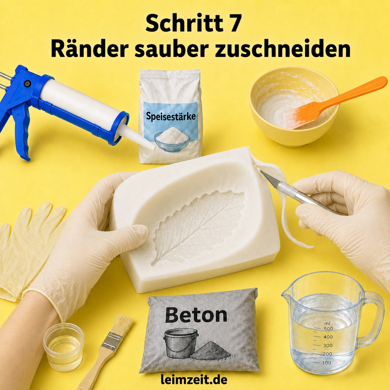 Überschüssige Ränder der selbstgemachten Silikonform werden mit einem Skalpell sauber zugeschnitten