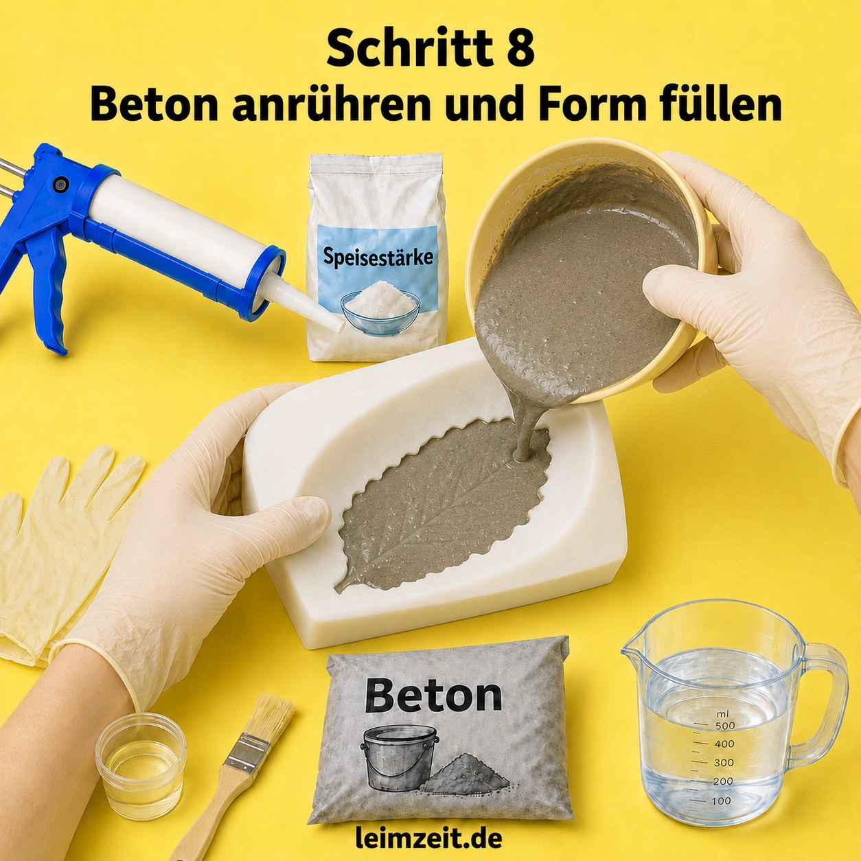 Angerührter Beton wird in die selbstgemachte Silikonform mit Blattmotiv gegossen