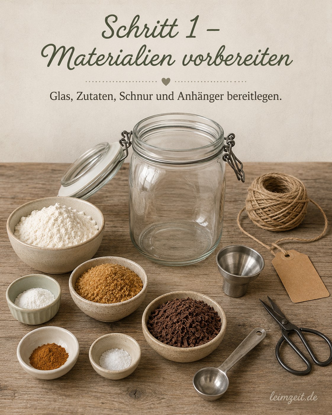 Zutaten für Weihnachtsgeschenke aus der Küche wie Mehl, Zucker, Kakao und Zimt stehen griffbereit auf dem Tisch
