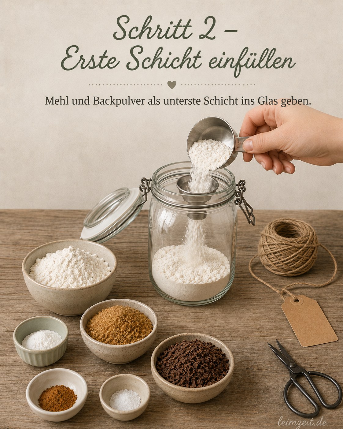 Mehl und Backpulver werden als erste helle Schicht ins Glas für die Keks-Backmischung gefüllt