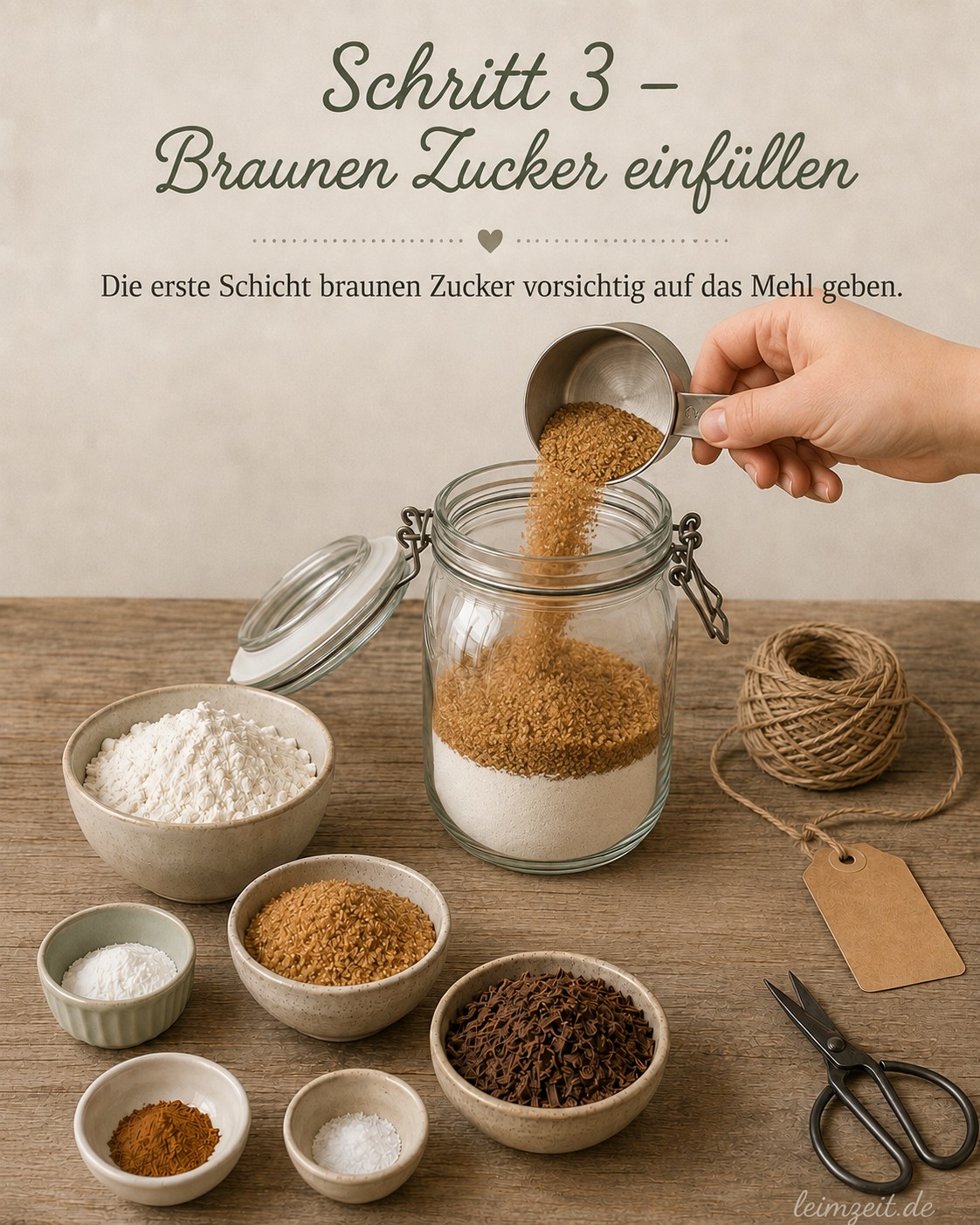 Brauner Zucker wird vorsichtig auf das Mehl geschichtet für ein weihnachtliches Küchengeschenk im Glas