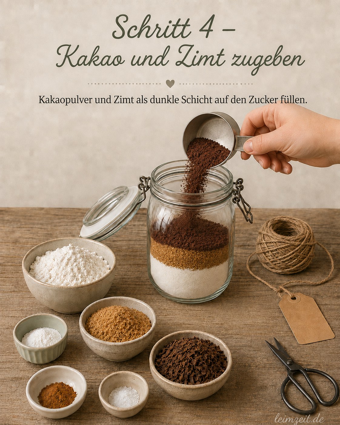 Kakaopulver und Zimt bilden die dunkle Kontrastschicht in der Backmischung im Glas