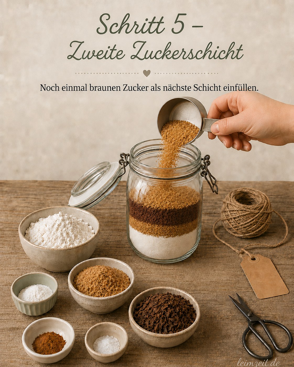 Zweite Schicht brauner Zucker sorgt für den typischen Streifenlook der Geschenkmischung im Glas