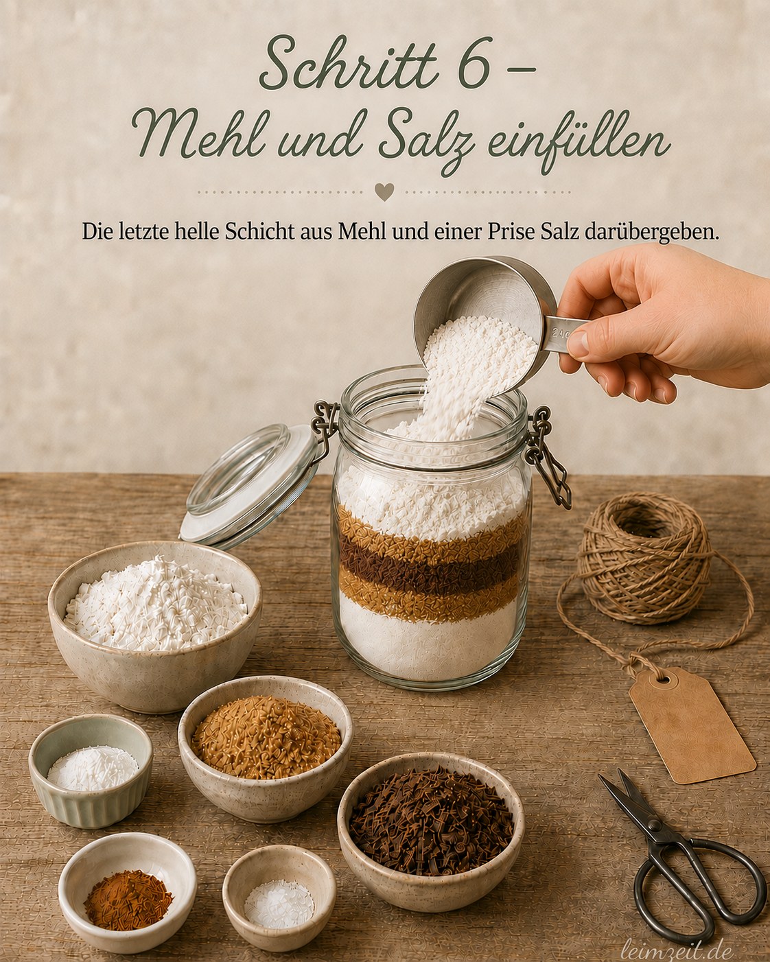 Mehl und eine Prise Salz bilden die letzte helle Schicht vor dem Verschließen des Glases