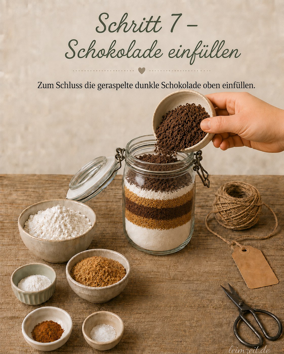 Geraspelte dunkle Schokolade wird als oberste Schicht der Keks-Backmischung eingefüllt