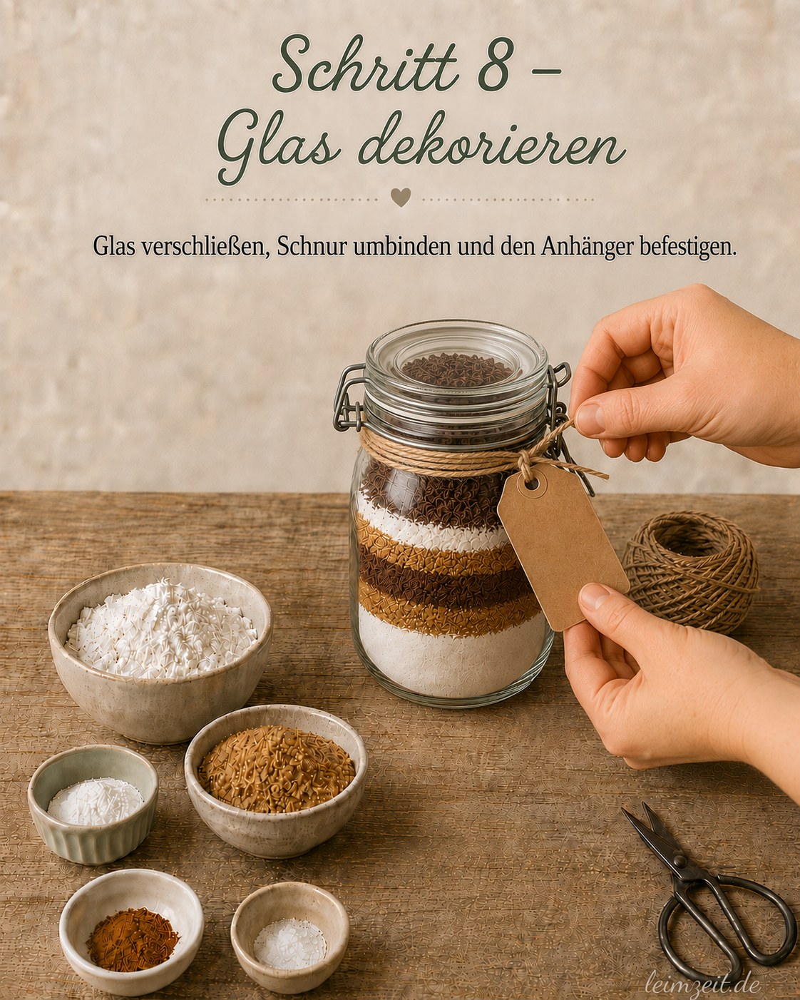 Das fertig geschichtete Glas wird mit Kordel und Kraftpapier-Anhänger als Geschenk dekoriert